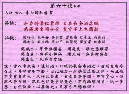 黄大仙灵签第60签解签:李白醉和番书
